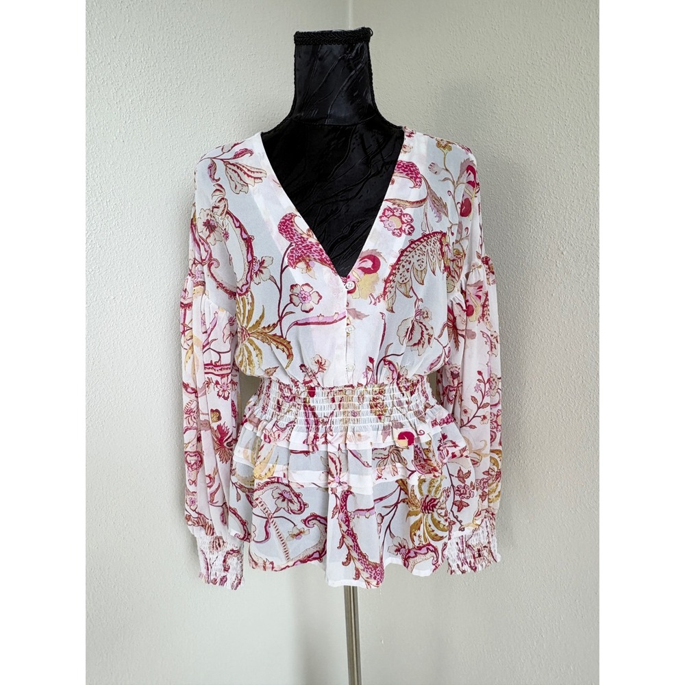 Guess Peplum Blouse Floral Smocked Waist V-Neck Womens‎ S White Pink W0GH00R1V35